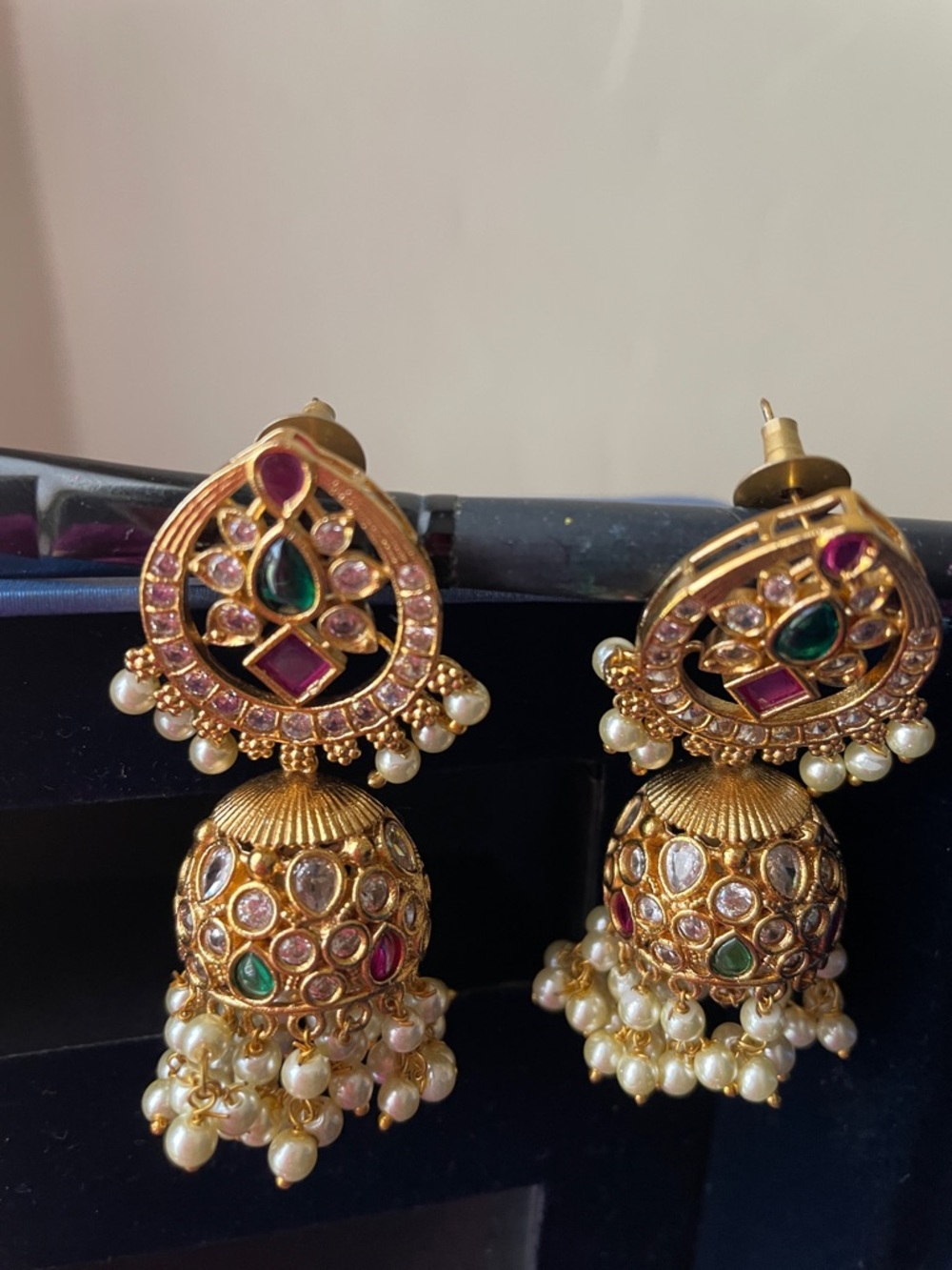 Gold-Tone Pearl Jhumka Earrings with Green & Pink Stones - Picture 2 of 5